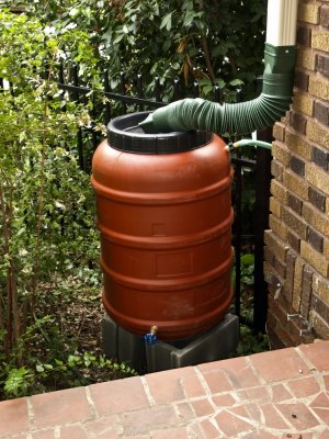 55-gallon rain barrel installation beside the front porch
