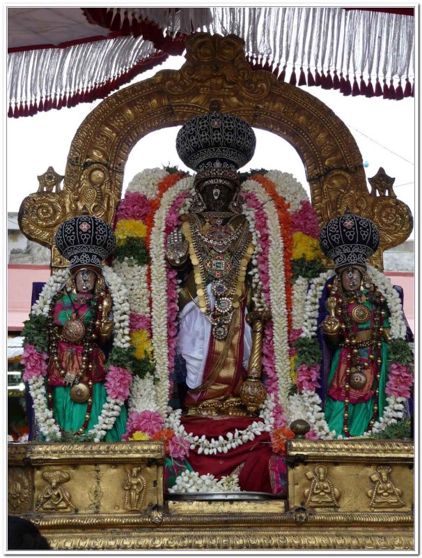 Thiruvadipooram utsavam -Parthasarathi with ubaya nacchiayars -closeup shot.jpg