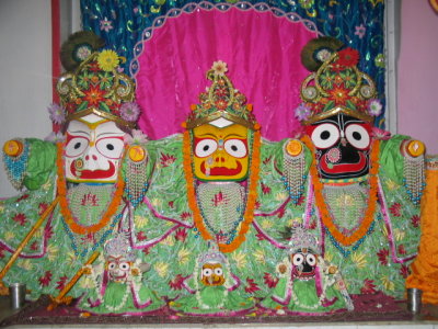 Krishna, subadhra and balarama in a temple in Kurukshetra.JPG