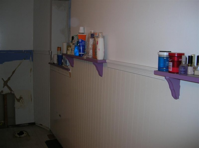 Purple shelving and old wainscoating