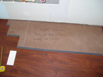 We didn't have enough to finish under the vanity so we left a note for the next owners ;)