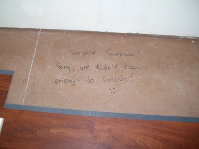 We didn't have enough to finish under the vanity so we left a note for the next owners ;)