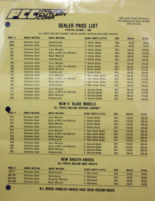 1984 PCC Dealer Price List (Front)