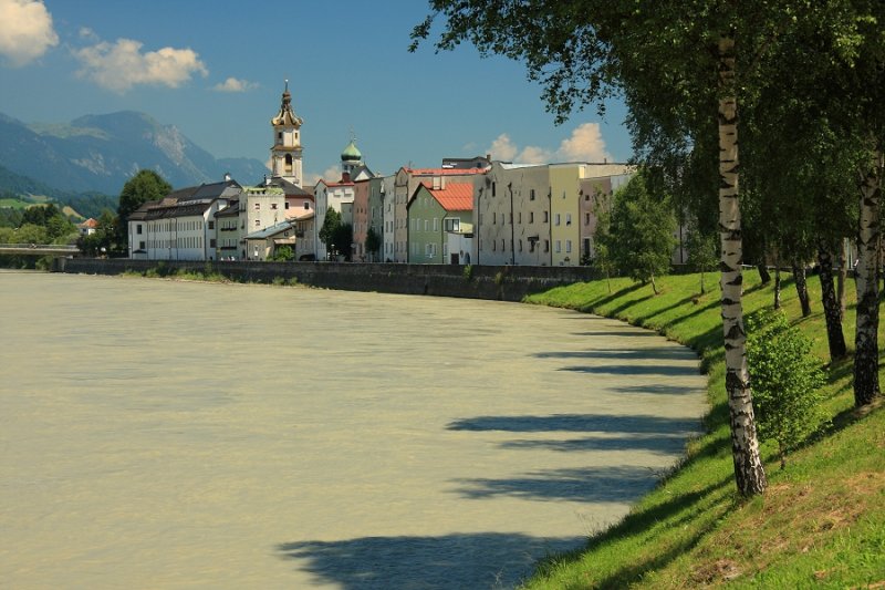 View towards Rattenberg, from the banks of the Inn river