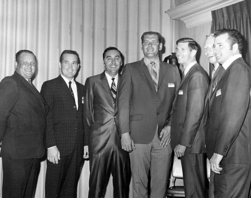 (Left to Right) Flookie Buford, Billy McRae, Ben Pruitt, Buddy Baker, Paul Goldsmith, Pete Hamilton, and Lee Roy Yarbrough