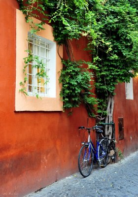 resting against orange wall