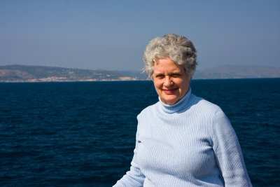 Pricilla Millen watching as we make port at Samos