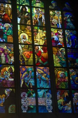 Stained glass by Mucha.  Inside St. Vitus Cathedral at Prague Castle