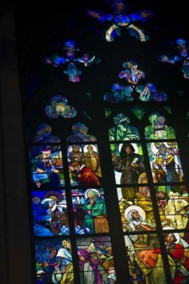 Stained glass by Mucha.  Inside St. Vitus Cathedral at Prague Castle 
