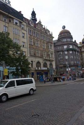 Buildings on Wenceslas Square.  The farthest one is the Moravska banka