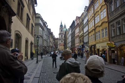 View of Mala Strana from entrance to Charles Bridge.  St. Nicholas Church in back