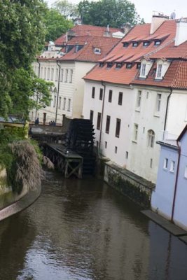 View of Devil's Brook from Charles Bridge with water-mill moving.  Kampa Island is on the left.