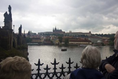 View of river and Prague Castle area from Old Town side of Charles Bridge