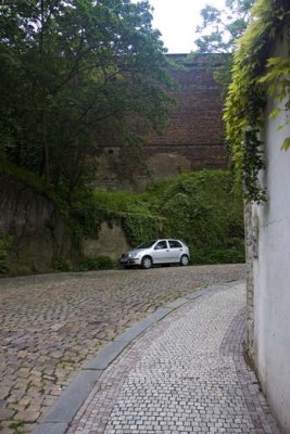 Walk up to Vysehrad with castle wall in background