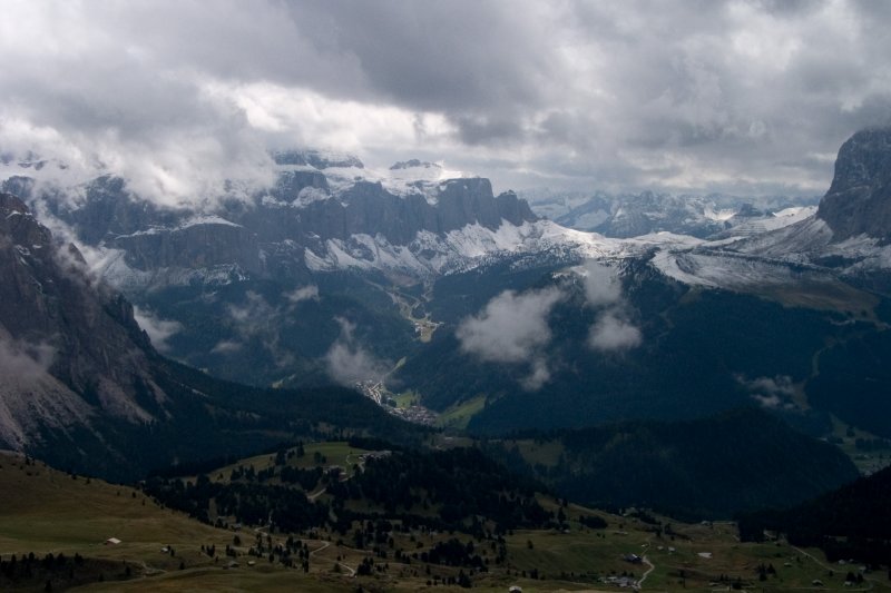 Gruppo del Sella with the villages of Plan visible in the valley