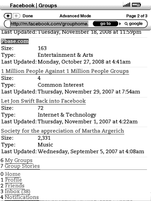 Facebook (mobile version) groups listing