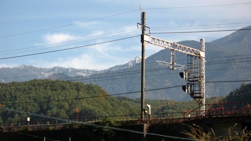 Snow in the mountains beyond the rail tracks