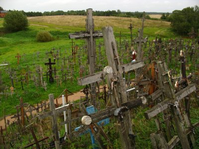 Layers of crosses stretching down from the hill