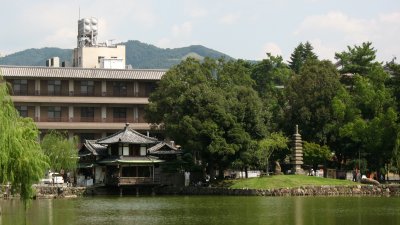 Pavilion and stone pagoda on Sarusawa-ike