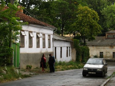 Locals talking in a central neighborhood