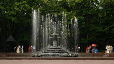 Fountain and pair of wedding parties in the park