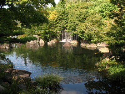 Small waterfall and pond in Oyashiki-no-niwa