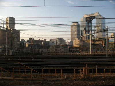 Umeda Sky Building across the rails of the Loop Line