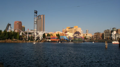 Theme-park hotels looming across the water
