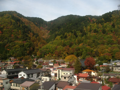 Autumn foliage in the hills over Kiso-Fukushima