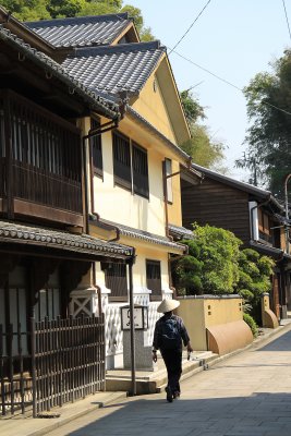 Ō-henro walking through the old town of Ōzu