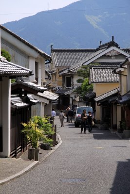 Bend in the old quarter with distant mountains