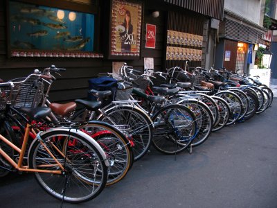 Row of bikes outside a fugu restaurant