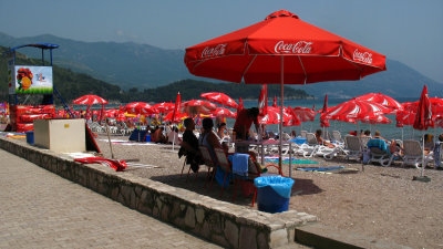 Coca-Cola beach umbrellas on the main beach