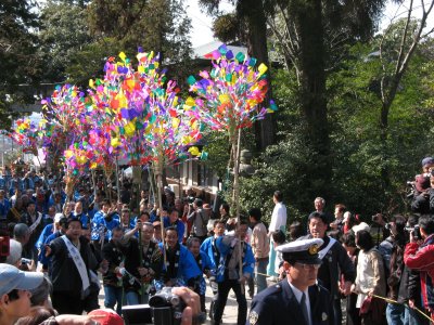 Colorful luck ornaments coming up the road