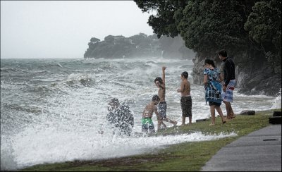 Fun at the beach on a stormy day