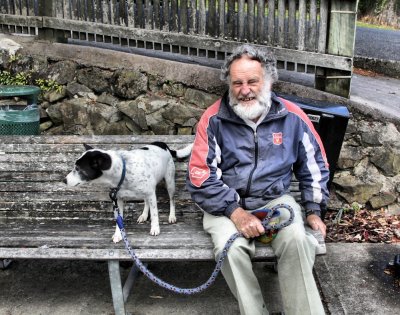 Old man and his dog at Rawene