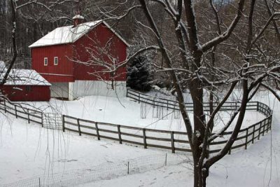 Red Barn, Fence and Snow