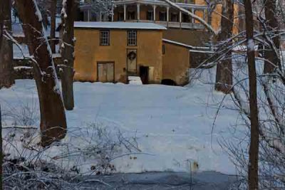 Barn, Swan & Creek Snow Scene