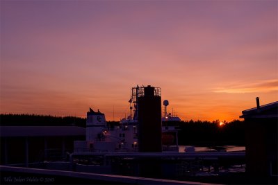 Sunset over the quay and one of the Holmen ro-ro ships