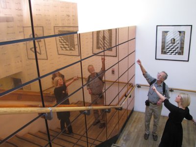 Pointing out Dick's name on the Contributor's Wall, Globe Theatre
