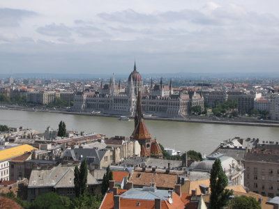 View from Fishermans Bastion Castle Hill.  The Danube divides historic Buda from commercial Pest.