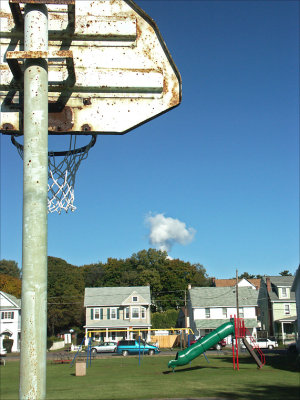 Playground with steam cloud from Nuke Plant. Berwick, Pa.