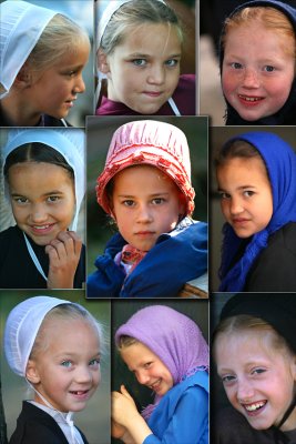 Amish Girls in Bonnets and Scarves.