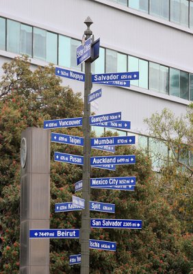 A sign near City Hall points to the sister cities of Los Angeles