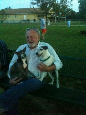 Jim Rutter with Mr. Dogg (very energetic 13 year old Jack Russell Terrier) and Julie (Marsha's delightful Italian Greyhound)
