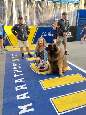 Everyone wanted a photo with this laid-back dog sitting on the finish line