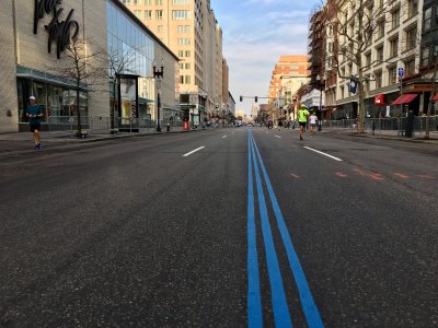 Blue line marking the last mile of the course