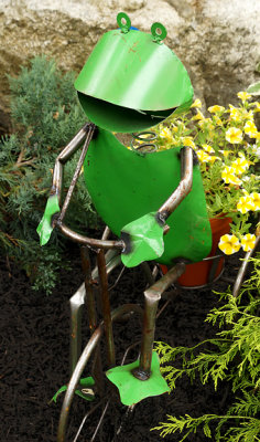 Frog on bicycle sculpture.