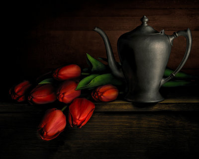 Tulips with Pewter Teapot