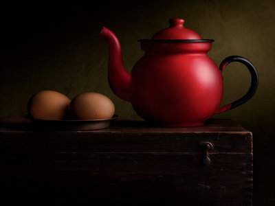 Brown Eggs with Red Teapot